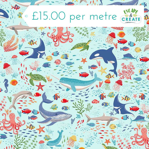 Makower Deep Blue Sea Creatures Light Blue