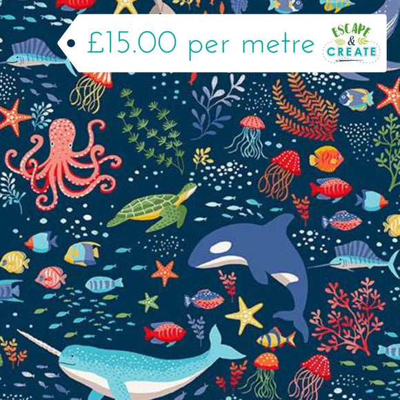 Makower Deep Blue Sea Creatures Dark Blue