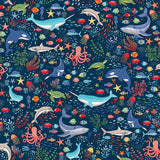 Makower Deep Blue Sea Creatures Dark Blue