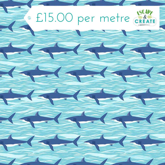 Makower Deep Blue Sea Sharks Light Blue