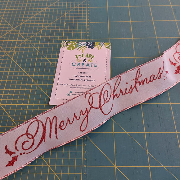 Ribbon 63mm Wire Edged Merry Christmas on Natural