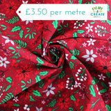 Polycotton Christmas Poinsettias Red