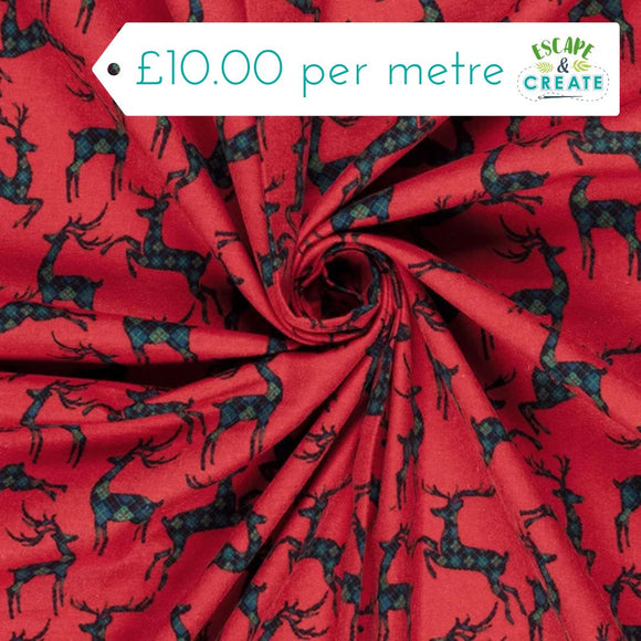 Brushed Cotton Tartan Deer on Red