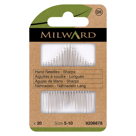 Hand Sewing Needles - Sharps Size 5-10 (pack of 20) by Milward Green