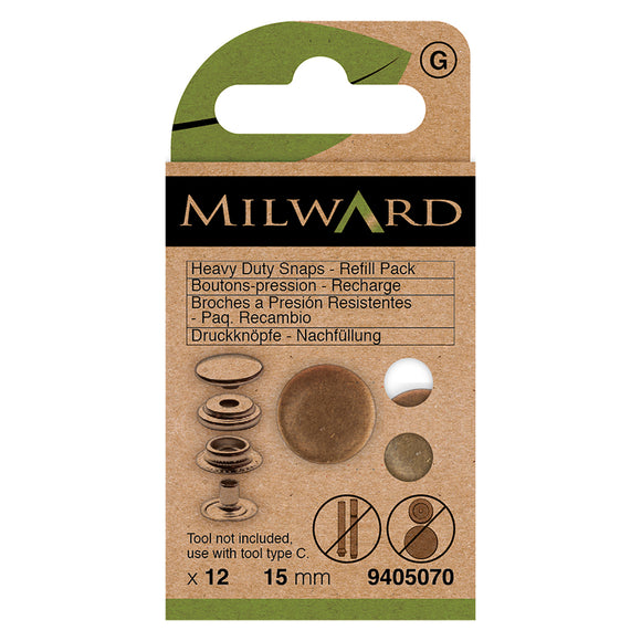 Snaps Heavy Duty Refill Pack 15mm Antique Brass (12 sets) by Milward Green