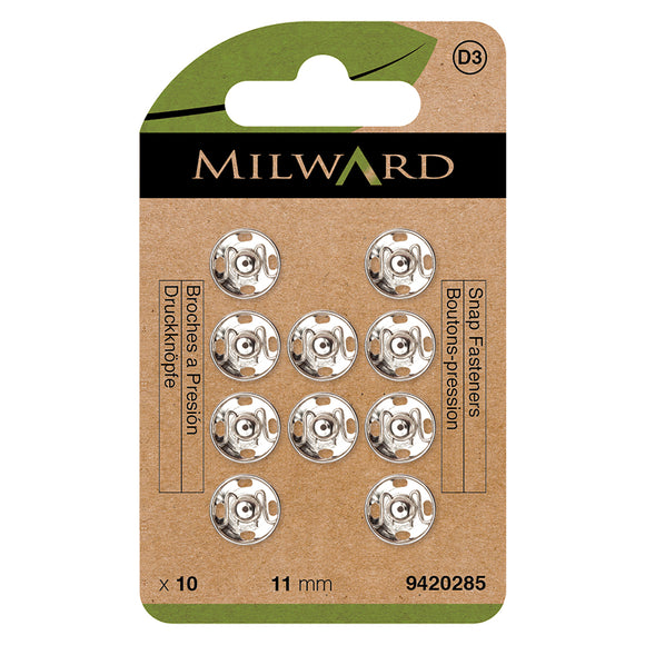 Snap Fasteners 11mm Sew On in Nickel by Milward Green (10 sets)
