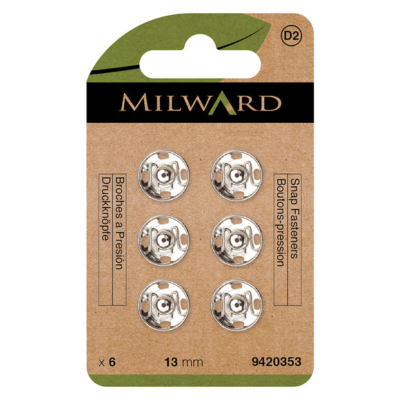 Snap Fasteners 13mm Sew On in Nickel by Milward Green (6 sets)