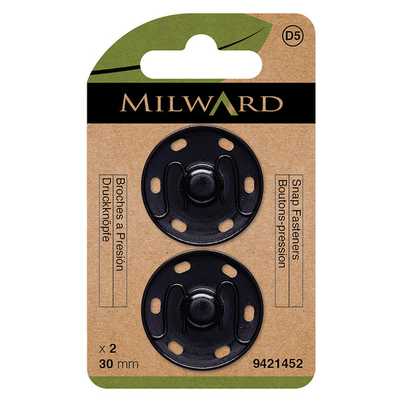 Snap Fasteners 30mm Sew On in Black Metal by Milward Green (2 sets)