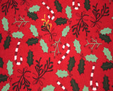 Cotton Christmas Candy Canes & Holly on Red