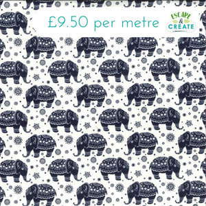 Cotton Poplin Navy Elephants on Ivory