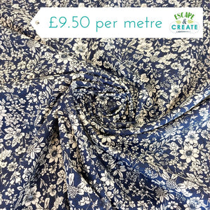 Cotton Poplin Subtle White Floral on Navy Blue