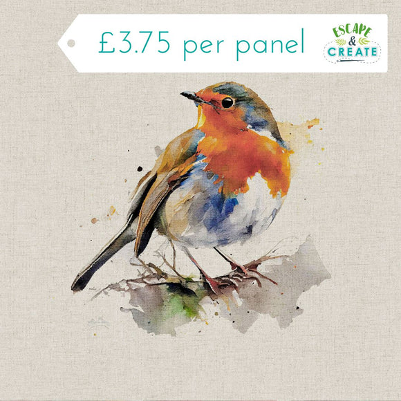 Panel (Linen Look Cotton Rich) Watercolour Cheeky Robins (68)