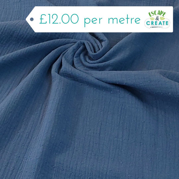 Double Gauze Dobby in Plain Mid Blue 100% Cotton