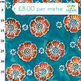 Cotton Batik Coral Poppy on Teal by John Louden