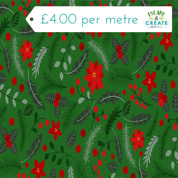 Polycotton Christmas Poinsettias on Green