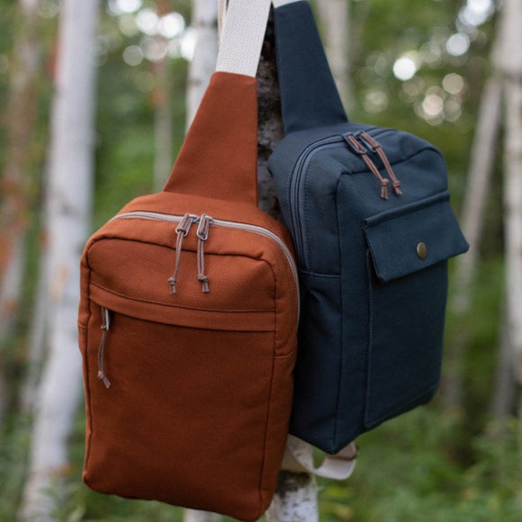 Two bags, one brown and one blue, hanging on a tree branch with a blurred forest background.