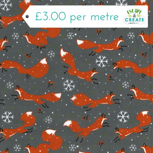 Polycotton Christmas Foxes on Grey