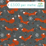 Polycotton Christmas Foxes on Grey