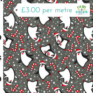 Polycotton Christmas Penguins on Grey