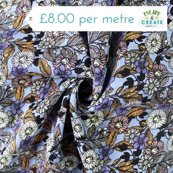 Viscose Cotton Lawn Scattered Floral on Blue