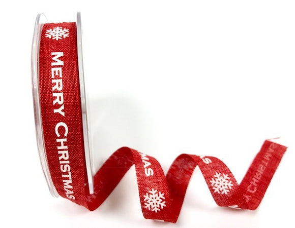 Ribbon 15mm Faux Linen Red with White Merry Christmas & Snowflake