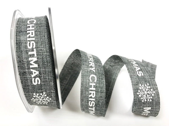 Ribbon 25mm Faux Linen Grey with White Merry Christmas & Snowflake