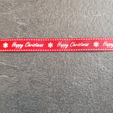 Ribbon 16mm Happy Christmas on Red (by the metre)