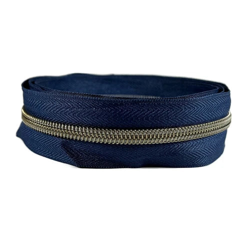 Zipper Tape - Continuous Zip (Heavy Duty #5) in Antique Brass on Navy