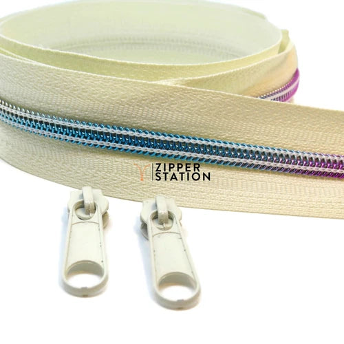 Zipper Tape - Continuous Zip (Heavy Duty #5) in Rainbow on Cream