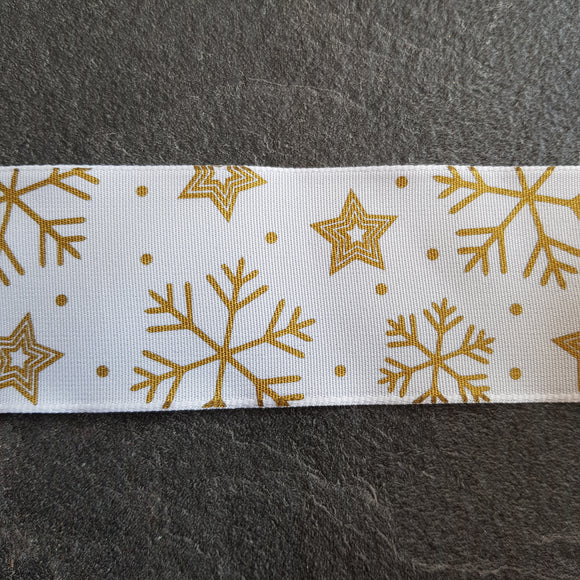 Ribbon 50mm Metallic Gold Snowflakes on White