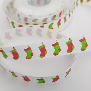 Ribbon Grosgrain 15mm Christmas Stockings on White