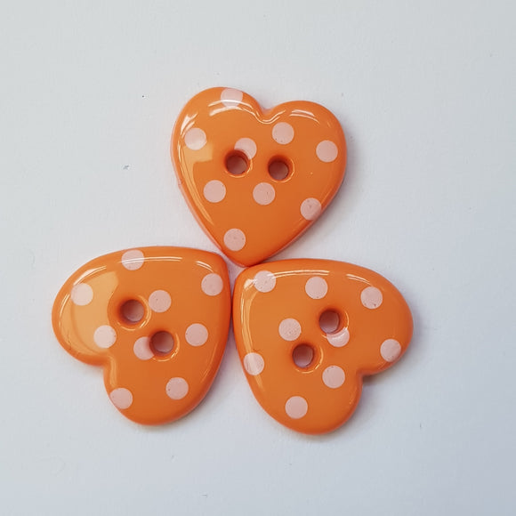 Button 15mm Heart with Dot, in Orange/White (B)
