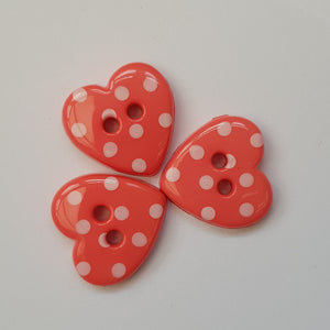 Button 15mm Heart with Dot, in Salmon Pink/White (B)