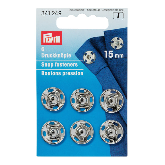 Snap Fasteners 15mm Sew On Metal Silver by Prym (6 sets)