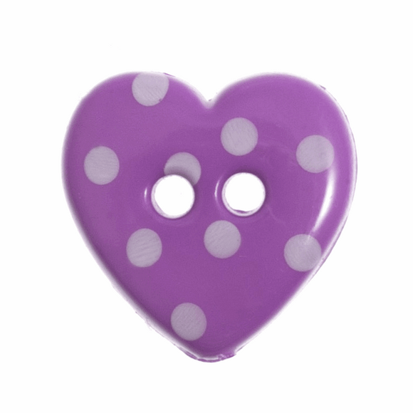Button 15mm Heart with Dot, in Purple/White (B)