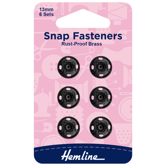 Snap Fasteners 13mm Sew On in Black Metal by Hemline (6 sets)