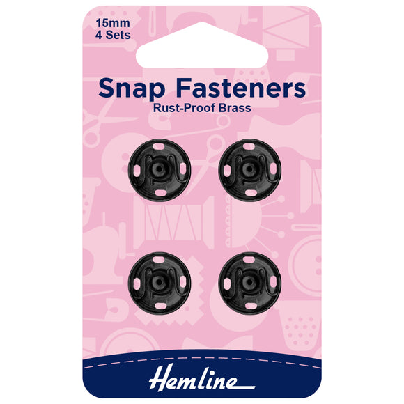 Snap Fasteners 15mm Sew On in Black Metal by Hemline (4 sets)