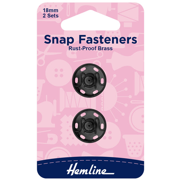 Snap Fasteners 18mm Sew On in Black Metal by Hemline (2 sets)
