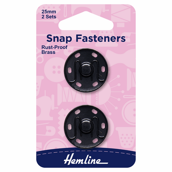Snap Fasteners 25mm Sew On in Black Metal by Hemline (2 sets)