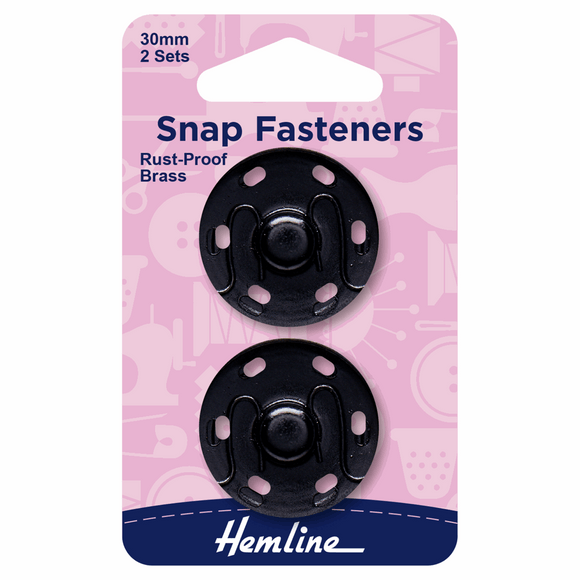 Snap Fasteners 30mm Sew On in Black Metal by Hemline (2 sets)