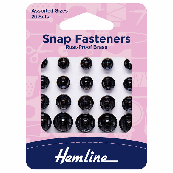 Snap Fasteners Assorted Sew On in Black Metal by Hemline (20 sets)