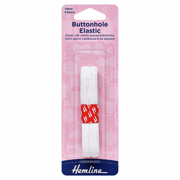 Elastic - Buttonhole 15mm White (0.9m pack) by Hemline