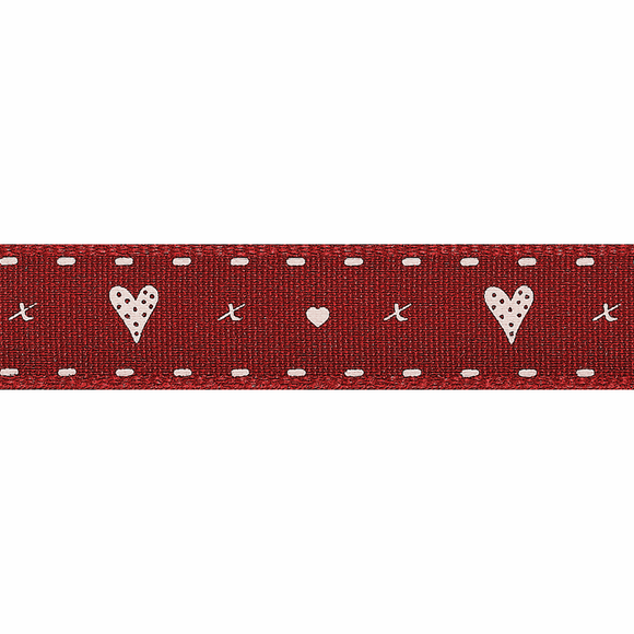 Ribbon 15mm Hearts and Kisses on Red