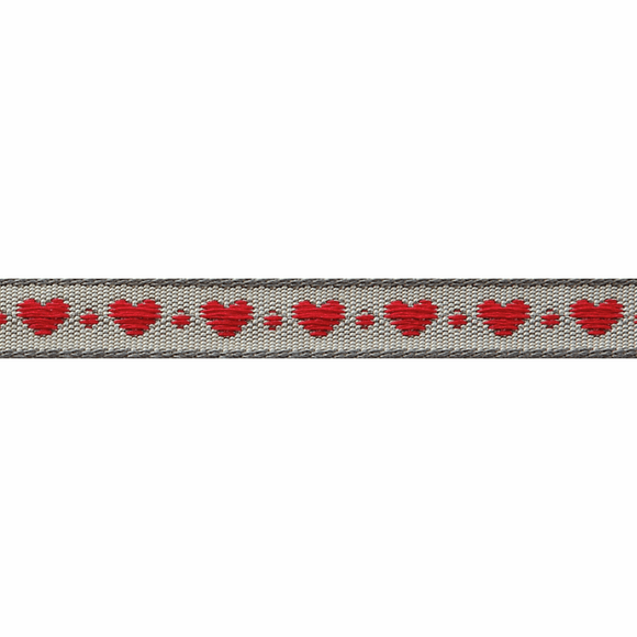 Ribbon 10mm Little Red Hearts on Grey