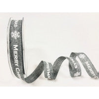 Ribbon 15mm Faux Linen Grey with White Merry Christmas & Snowflake