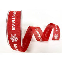 Ribbon 25mm Faux Linen Red with White Merry Christmas Snowflake