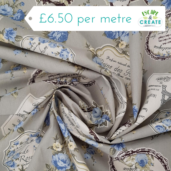 Cotton Poplin Print - Vintage Labels and Flowers on Grey
