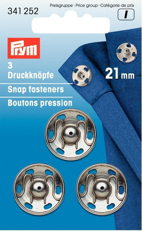 Snap Fasteners 21mm Sew On Metal Silver by Prym (3 sets)