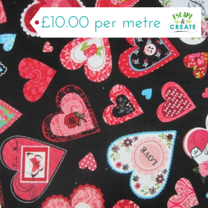 Needlecord Love Hearts on Black (100% Cotton)