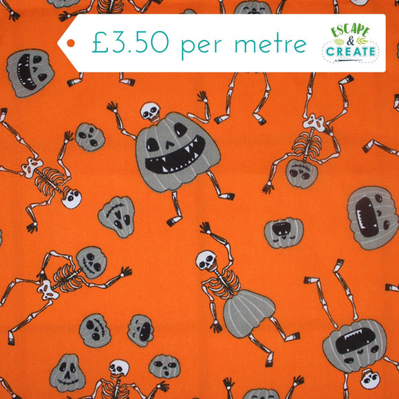 Polycotton Halloween Spooky Skeletons on Orange